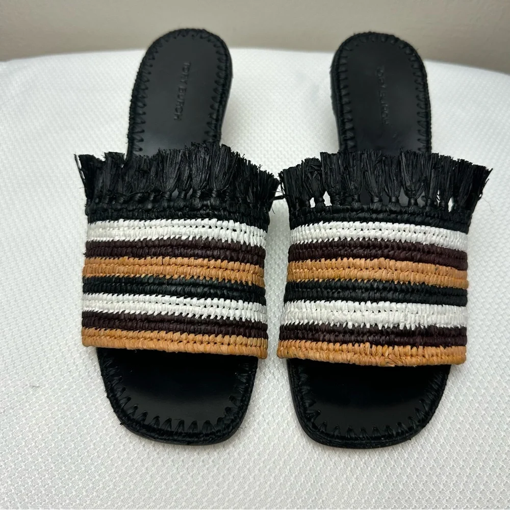 Tory Burch Eleanor Square Tie Braided Raffia Kitten Heel Sandal Sz 7